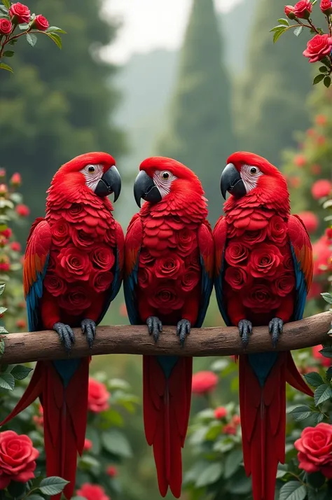 Create a highly detailed and realistic image of three parrots made entirely from red roses and petals, sitting on a wooden perch in a vibrant garden. Each parrot has intricately designed feathers that resemble layered rose petals, with large, blooming rose...