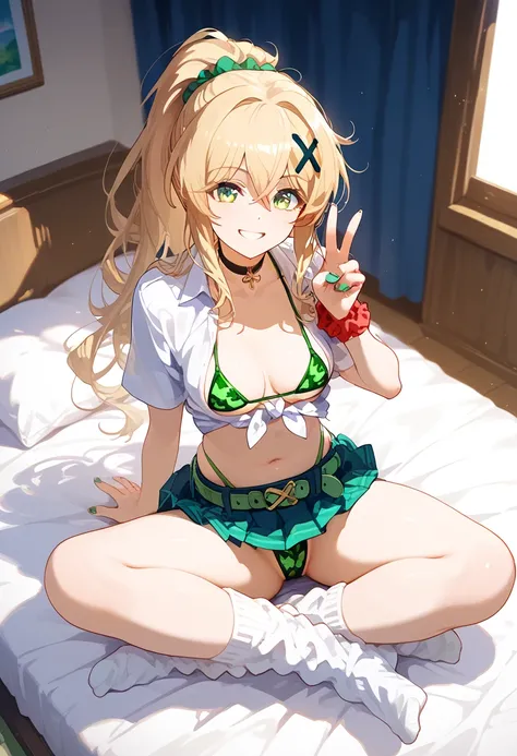 masterpiece, (((highest quality, perfect anatomy))), (full body), soft light, from above, from behind, at bedroom, sitting, crossed legs, smile, looking back, peace sign, 1girl, akatsuki kirika, blonde hair, long hair, ponytail, green eyes, looking at view...