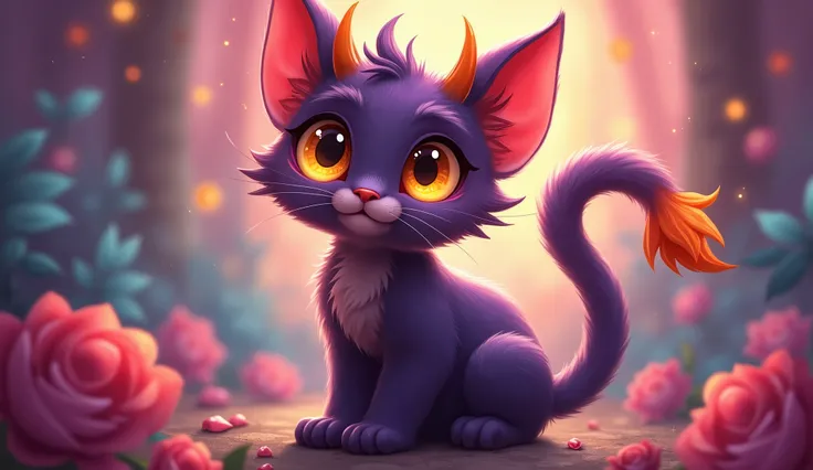 Create a whimsical and colorful image of a hellcat, a creature that embodies both feline grace and playful, devilish features. The hellcat should have soft, glossy fur in shades of deep purple with cheerful hints of fiery red and orange, resembling playful...