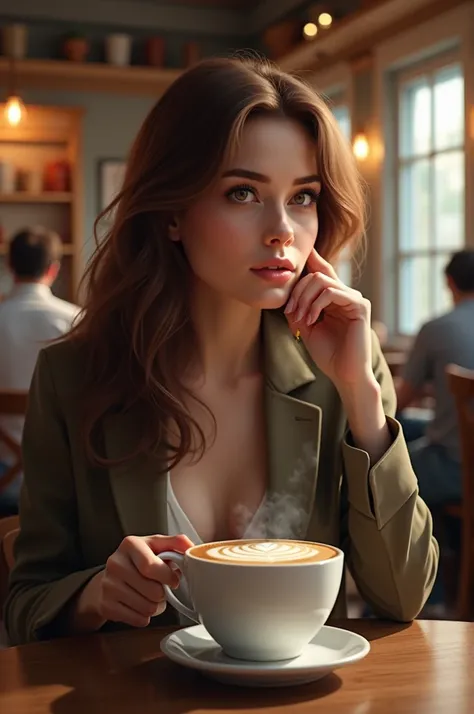 Beautiful brunette woman in a coffee shop 