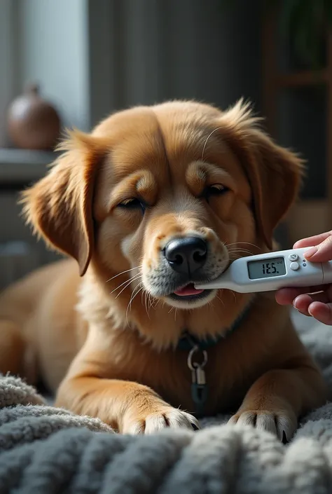 A sick dog with a thermometer in its mouth that marks a lot of fever
