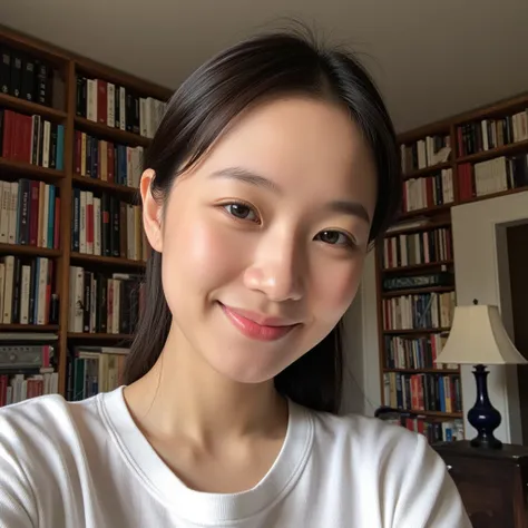 The background of the study at home ， is a full-wall bookcase， the perspective of a woman taking a selfie on Instagram，Smile，No makeup