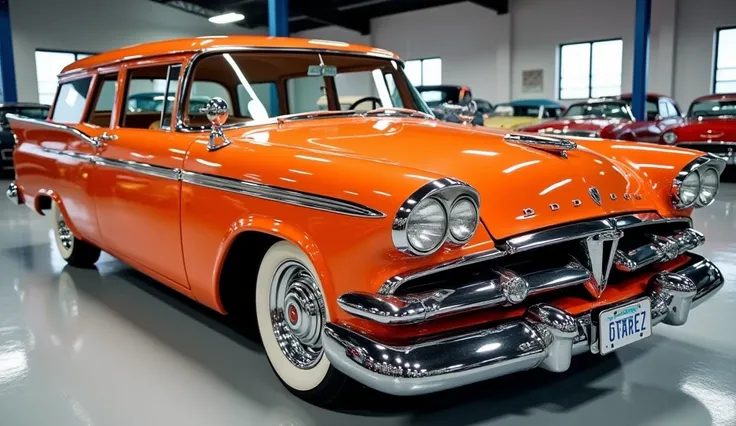 "A 1957 Dodge Wagon parked in a showroom, showcasing the car in its original shape with authentic details such as original headlights. The car has a long body and a narrower width, emphasizing its classic and unique design. The cars color is vibrant and un...