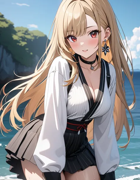 ( Japanese anime style ),  cute, sea, masterpiece:1.5, masterpiece, highest quality, Kitagawa Marin, 1girl,  Cowboy Shot , blonde hair, long hair, multicolored hair, red eyes, jewelry, earrings, piercing, black choker, UHD, retina, masterpiece, accurate, a...