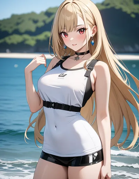 ( Japanese anime style ),  cute, sea, masterpiece:1.5, masterpiece, highest quality, Kitagawa Marin, 1girl,  Cowboy Shot , blonde hair, long hair, multicolored hair, red eyes, jewelry, earrings, piercing, black choker, UHD, retina, masterpiece, accurate, a...