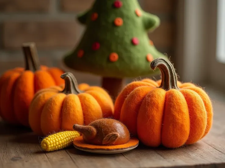 The picture shows the atmosphere of Thanksgiving , there are three pumpkins made of wool felt,There is also corn and roasted turkey made of wool felt, background is a small Christmas tree made of two woolen felt in the picture ,Photographic light 