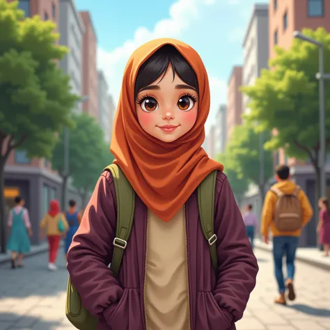 A girl who wears a hijab and is  is going to school

