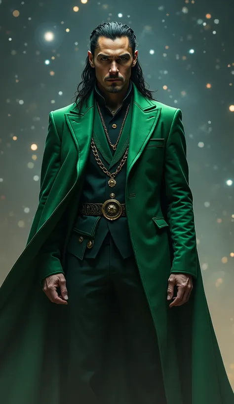 Loki In Green And Black Suit, Perfect Combination Of Green And Black Color, Space Background, Realistic, High Detailed 