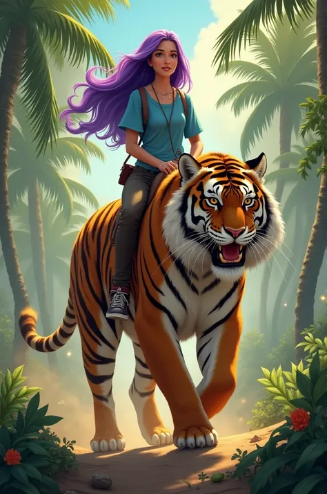 1 girl riding tiger hair purple hair blue shirt mature palm skin 