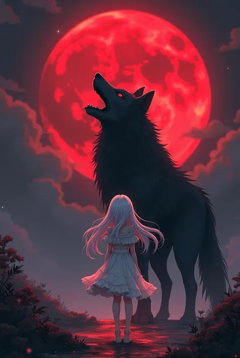 Anime character litrle wolf girl white hair red eyes no shoes and black wolf before the red full moon, by Yang J, fantasy fox love, White-haired fox, white fox anime, Anime fantasy illustration, White fox, art of silverfox,Best quality, Masterpiece,  super...