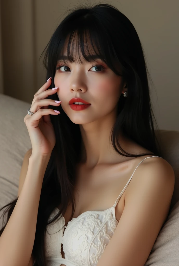  Create a diamond ring sitting on the couch in Liverpool , On a phone call on an iPhone 15 Pro Max, Korean pregnant woman  , LIA 21 year old  ,  extremely long straight natural black hair with fringe of whipped cream with a perfect texture, green eyes, sof...