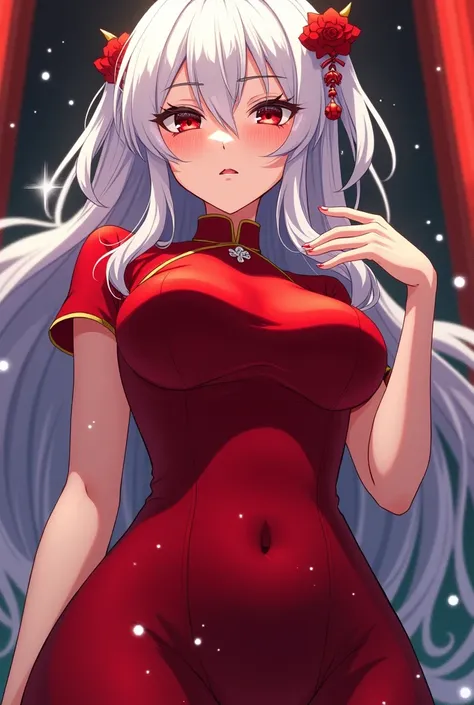 an anime woman with white hair and her hair covers her right eye, she is wearing a tight sexy red cheongsam and has big breasts making the dress, her perspective is from below and one hand is up and the other is behind the woman