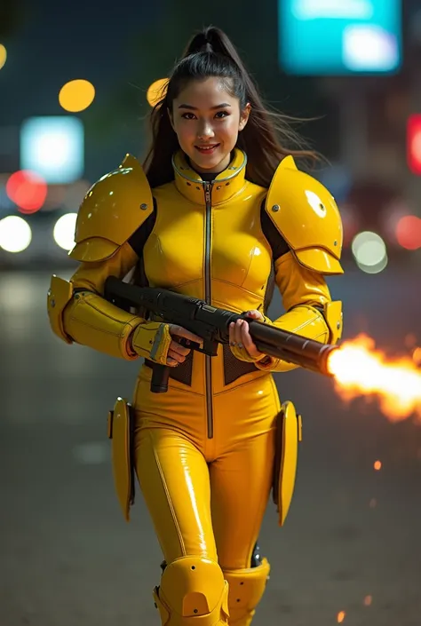  Professional full body photography of a beautiful woman has asia,  who has two faces ,  similar to the face of a woman , realistic,  she smiles sweetly into the camera , wearing yellow soft aluminum steel armor , the same pants ,  is walking dashing while...