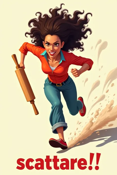 a 2d woman with curly hair and a rolling pin in her hand running very fast, with aerodynamic effects around it, and with the words SCATTARE!! at the bottom of the image.