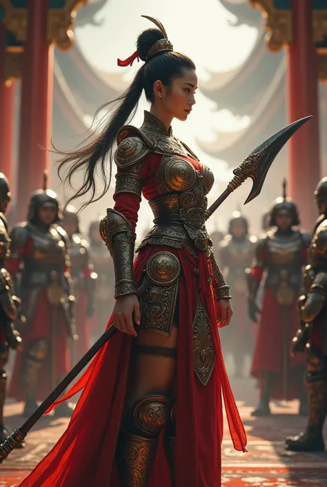 ( top quality),   detailed background, oriental nobility,Warrior Girl,martial arts, holding a halberd ,They, monster army 