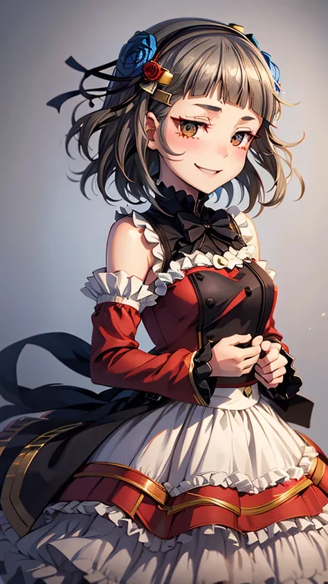 (((solo))), 1 woman, Sakuya Kurobane, sakuyaunif, kurobane_sakuya, (brown eyes), short hair, grey hair, black hairband, blue hair flower, red eyeliner, blush, smile, beautiful chest, medium chest, (upper body), santa claus