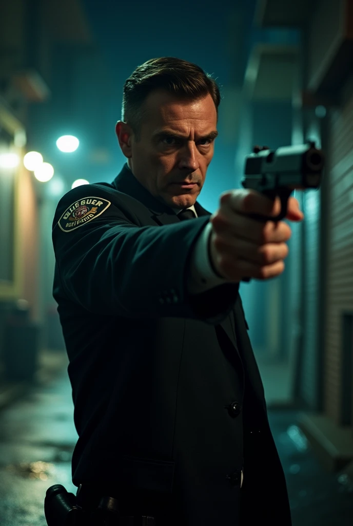 Night time, Very realistic and meaningful images. Photograph of an action movie. Complete Side Profile of a white police officer pointing his gun at someone
