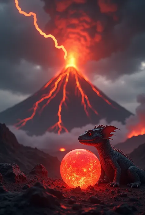 A vertical image depicting an active volcanic landscape with a massive volcano erupting streams of lava under a dark, stormy sky filled with black clouds and striking lightning. In the foreground, a baby komodo dragon is see curiously gazing at a glowing r...