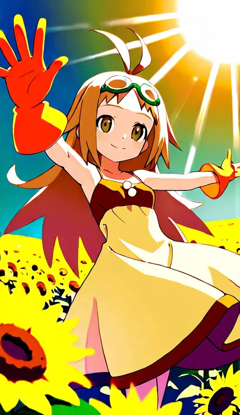 1girl, Fusionist (phantom brave),  brown hair, light brown hair, twin bangs, light brown eyes, green googles in forehead, orange christmas gloves, long hair, small breasts, happy smile,  dancing in a sunflower field, sun, sun rays, open arms,  light yellow...