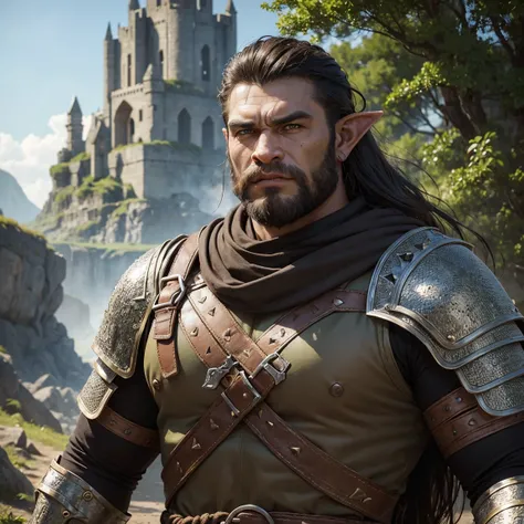 Portrait of a (half-orc (male) warrior), front view, (medium shot:1.3), one person standing, stooped build, tall and muscular build, long messy dark brown hair and beard, thick bushy eyebrows
BREAK
green eyes
BREAK
olive brown skin, pointed ears, (huge hyp...