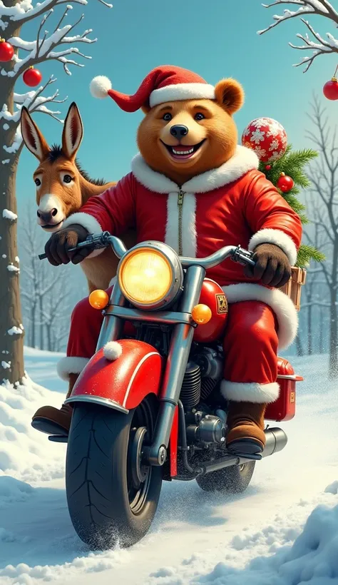 A realistic illustration of a large bear dressed as Santa Claus riding a bright red Christmas motorcycle. The bear is wearing a festive red Santa outfit with white fur trim and a matching hat, smiling happily as he holds onto the motorcycles handlebars. Th...