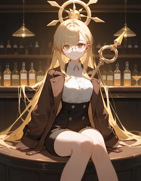 alone,girl, blonde hair ,Bangs,girlบาร์, ,Wear black round glasses,Long hair,Black hair ends, sitting in a bar , Brown Jacket ,In golden bronze eyes, Staff 