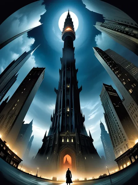 masterpiece, best quality, Dark Tower, night, , wide shot, fisheye