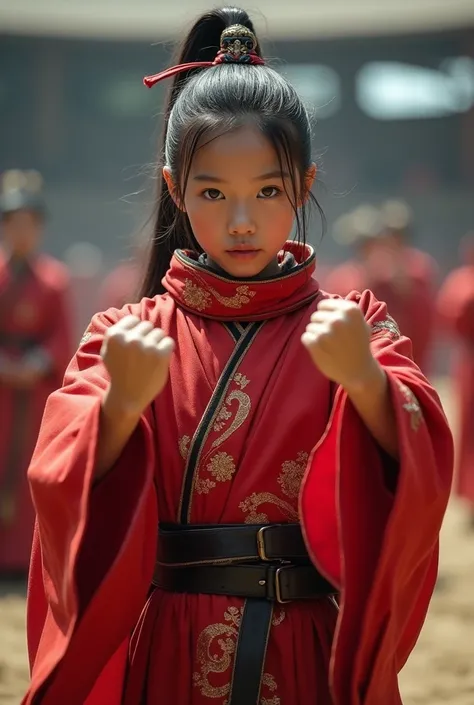 (( top quality)), ((    muffler girl )), (   Details),   1 girl,  beautiful Japanese girls、   put on a red ancient Chinese costume  、 Clothes that hide your skin  、 slender 、  slim、  ponytail、 put your hands forward 、 clench your hands into fists  、 Docume...