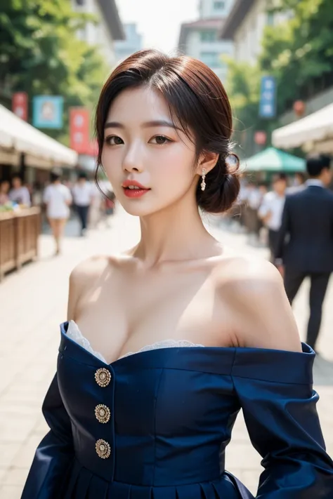 1 woman,Alone, Korea Joseon Dynasty Neat Hairstyle,Tailor-made stylish hanbok , realistic,lips,parted lips, exposed nipples ,afternoon, blurry background ,Zitome,Exquisite Korean Joseon Dynasty Background ,