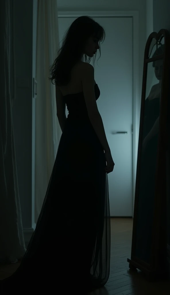 girl silhouette black shadow, pale skin, full body, ( legs focus: 1.1),( black sleepwear gown: 1.4), back mirror selfie on room, at night