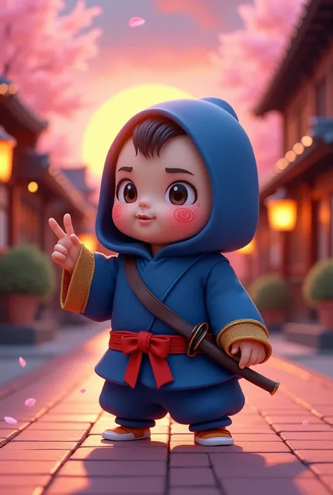 NINJA HATTORI standing in a vibrant, atmospheric Japanese village street during sunset. The character is short and chubby, wearing a traditional blue ninja outfit with a matching hood that covers the head but leaves the face exposed. The face is round, wit...