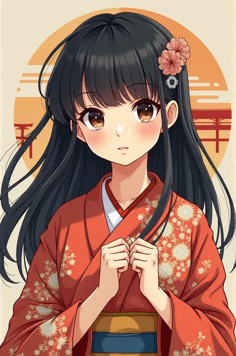 Fille manga style bleach cheveux noir métisse de peau avec un kimono 