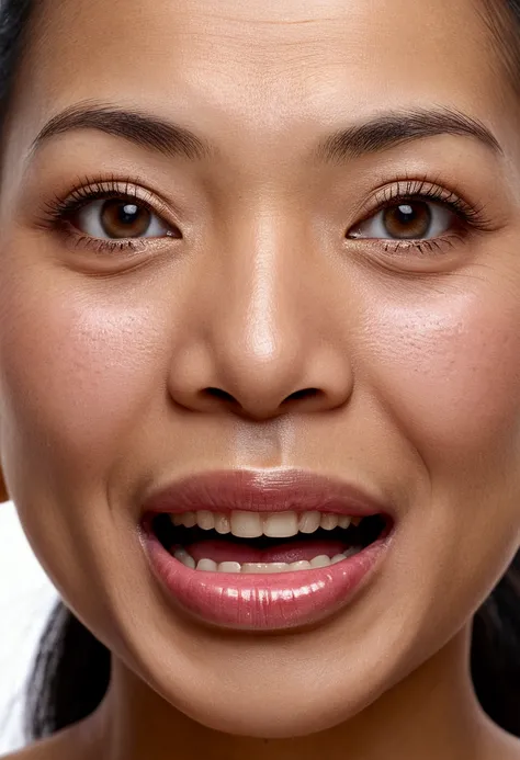 Ultra detailed photo of sundanese woman, beautiful girl, highest quality realistic skin, eyes in focus, 45 years old, focus on mouth, open mouth, saliva, open mouth wide, inside of mouth visible, ponytail hair, mouth open wide, uvula visible, turn the face...