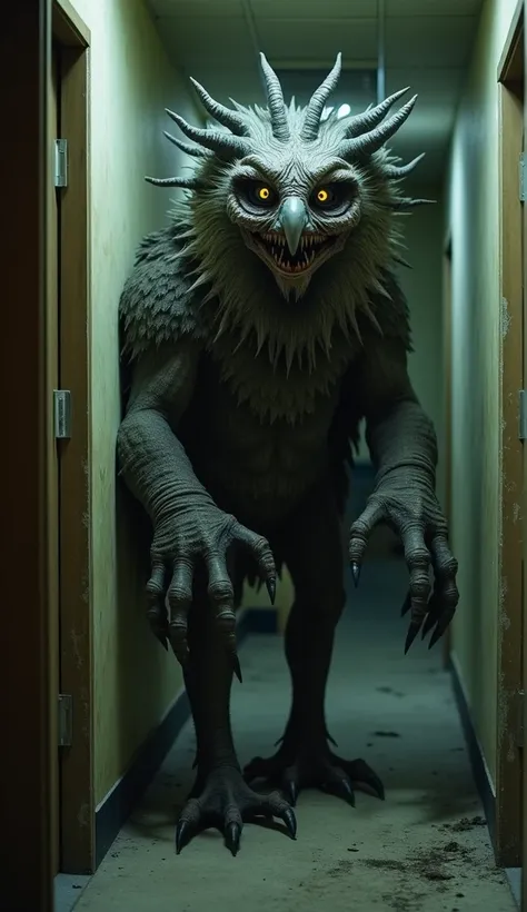 A monstrous creature with a grotesque mix of human and animal features, resembling a large owl with terrifying characteristics. Its body is partially humanoid, covered in coarse feathers, while its face is a distorted hybrid of a human skull and an owls be...