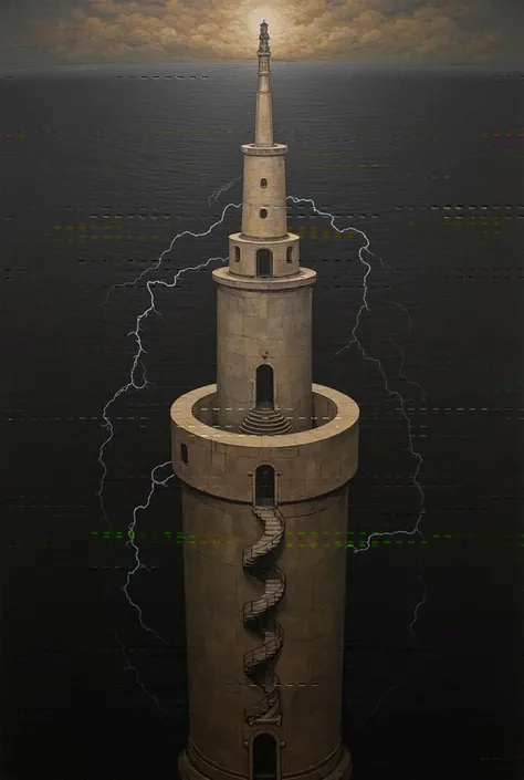 masterpiece, style,only use two-color abstract painting in ( dark black) and (dark gray), a stone tower on an inverted cone （ shaped like the Tower of Babel upside down ）,The center part is hollow ,Lightning runs like a tornado in the center of the , The t...