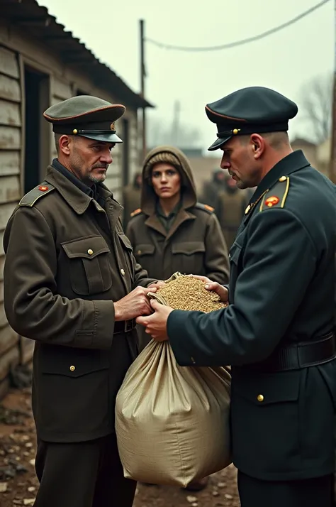 Soviet soldiers in dark and authoritarian uniforms ,  confiscating bags of grain from frightened Ukrainian farmers dressed in simple traditional clothes,  set in a small and rustic Ukrainian town in 1932 ,  with wooden shacks and a dry and desolate environ...