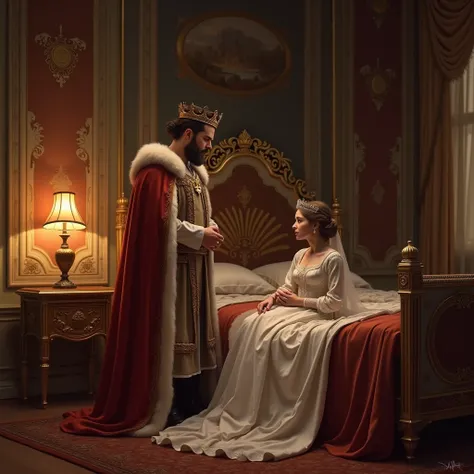 The king and the princess are talking by the bed. Look at the babys crib next to it