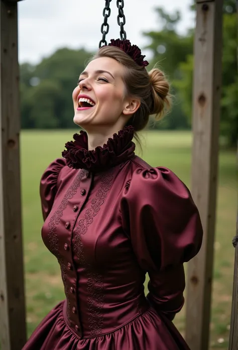 (realistic photograph close up sideways victorian cheerful) (a big bust slender waist pleased beautiful sexy looking woman having an orgasm with (Gibson girl bun)), (she is wearing (an exaggerated elaborate shiny high neck dress with (extremely big puff sl...