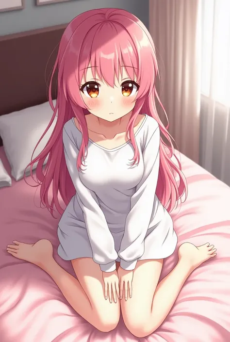  anime girl  sitting on a bed with pink hair and white shirt, cute  anime girl , an  anime girl , young  anime girl , ( anime girl ), attractive  anime girl , pretty  anime girl ,  anime girl ,  attractive anime girl {x} cute girl anime visual, seductive  ...