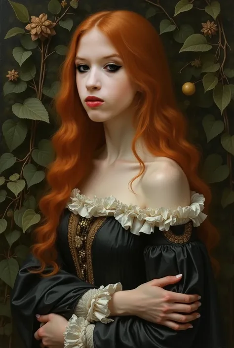 A Renaissance oil painting of a woman, young, nature, pale skin, witch , ginger