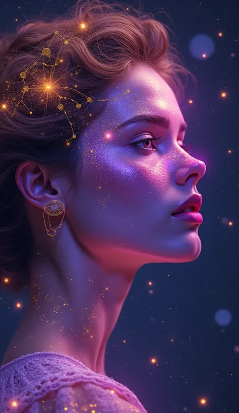 A mystical woman with Sagittarius glyphs illuminated in neon purple and golden light on her face. Her features are highlighted by radiant cosmic patterns and glowing light beams from Sagittarius constellations in the background.
