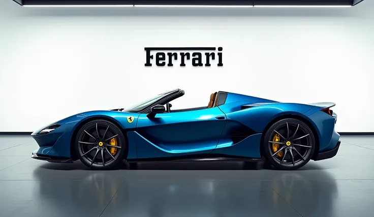 2025 Ferrari roadsters in blue color left side view at the showroom with name this car writing showroom wall disply 