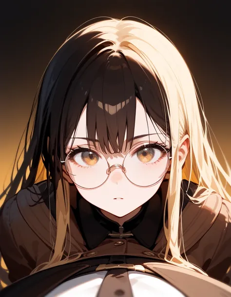 alone,girl, blonde hair ,Bangs,girlบาร์, ,Wear black round glasses,Long hair,Black hair ends,In the bar, Brown Jacket ,In golden bronze eyes,Black hair ends,detective,pov close up,