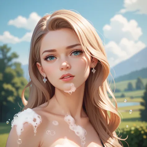 1 girl , Alone,  high definition ,  long hair,  with a little bit of sadness,  high definition ,  anatomically correct, masterpiece, accurate, A lot of soap bubbles、grassland、 Fantastic