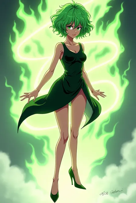 Tatsumaki short green hair short dress slitz high heels