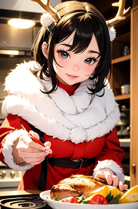 (masterpiece, best quality:1.1),
(pop style),flat color,girl,girl has reindeer antlers on her head,she is cooking christmas turkey in kitchen,cute face,(tween),room,beautiful lighting,great joy,photographic portrait, sharp,Illustration by okama,detailed fi...