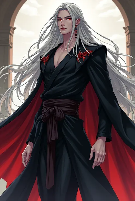 a male character,  with long silver hair ,  so long that you drag when walking with eyes as red as the darkest blood, an exaggerated beauty ,  that wears black tunics with a little red ,  an earring on the left ear of an hourglass ,  that is you tall and t...