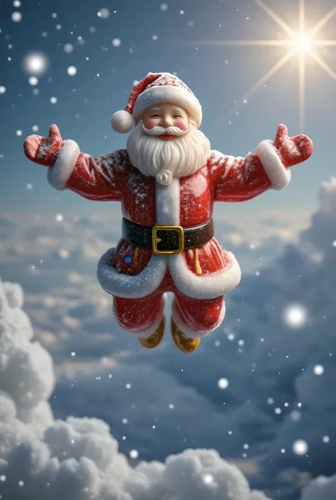 santatangsu,Santa Claus,Santa Claus flying amidst snowflakes in the sky, masterpiece,high quality,extremely detailed,