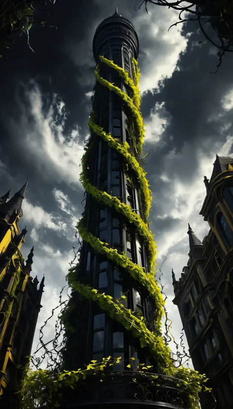 from below, The Dark Tower, a jet-black spiral cylinder reaching up to the sky, a tower entwined with sinister ivy and tendrils, sinister, background ominous yellow, dark fantasy, effective effects, bold and dynamic, contrasts of light and shadow, 2.5D, ar...