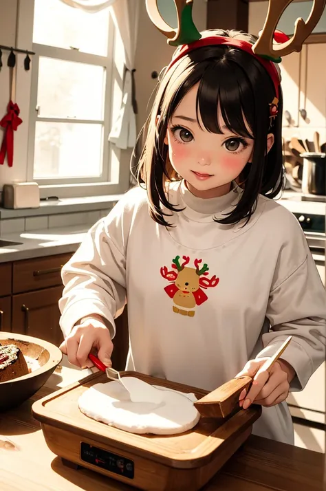 (masterpiece, best quality:1.1),
(pop style),flat color,girl,girl has reindeer antlers on her head,she is cooking christmas cake in kitchen,cute face,(tween),room,beautiful lighting,great joy,photographic portrait, sharp,Illustration by okama,precise finge...